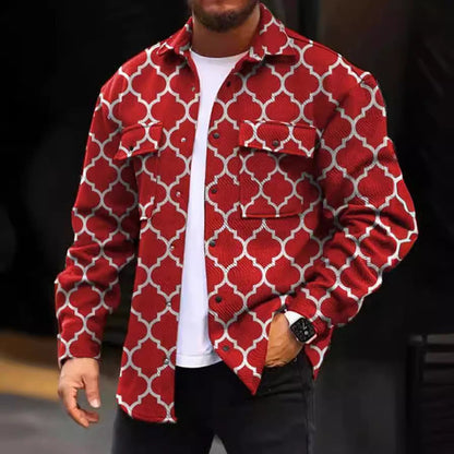 Men’s  Denim Jacket – Regular Fit – Geometric Pattern – Button Front Casual Layering