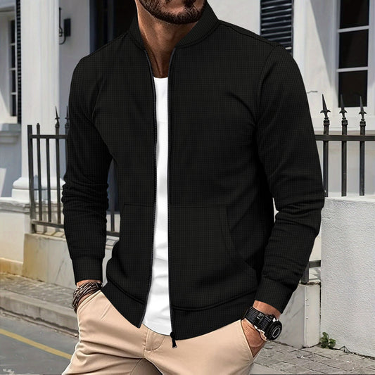 Men’s Zip Jacket – Athletic Fit – Textured Fabric – Ribbed Trim – Front Pockets