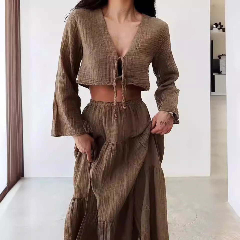 Women’s Two-Piece Set – Cotton Linen – Tie-Front Cropped Cardigan & High-Slit Skirt