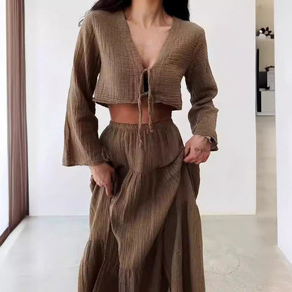 Women’s Two-Piece Set – Cotton Linen – Tie-Front Cropped Cardigan & High-Slit Skirt