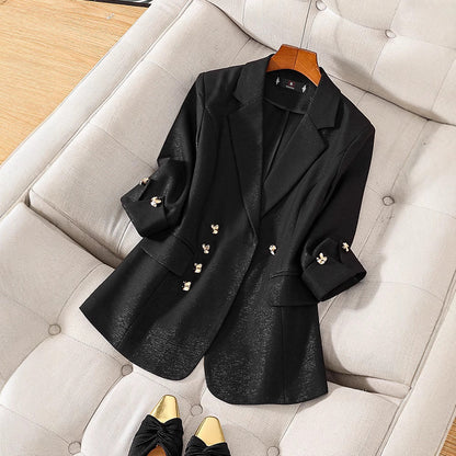 Women’s Blazer – Tailored Fit – Three-Quarter Sleeve – Decorative Buttons – Hip Length