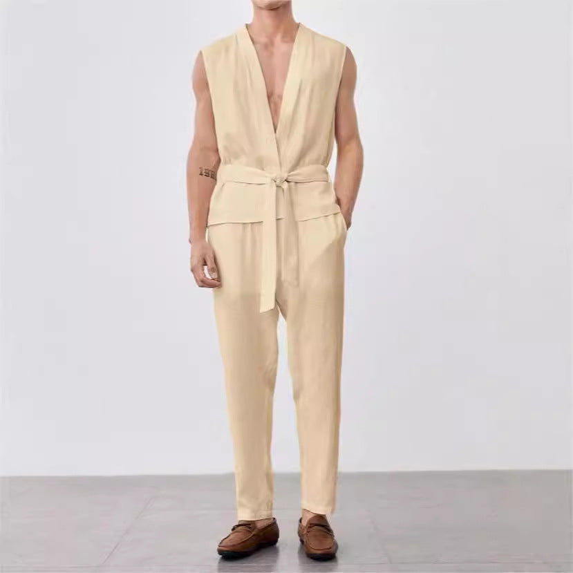 Men’s Vest and Pants Set – Lightweight Cotton – Relaxed Fit – Belted V-Neck Top