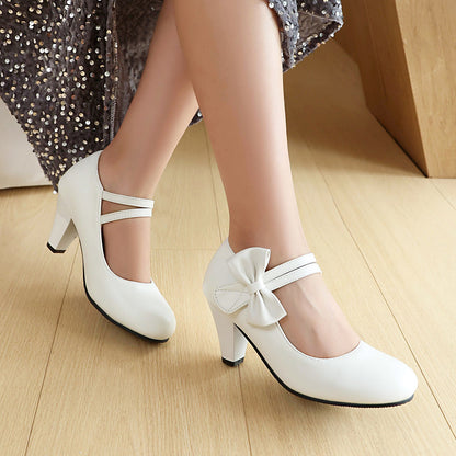 Women’s High Heel Shoes – Dual Strap – Bow Detail – Low-Cut Vamp – Sleek Finish