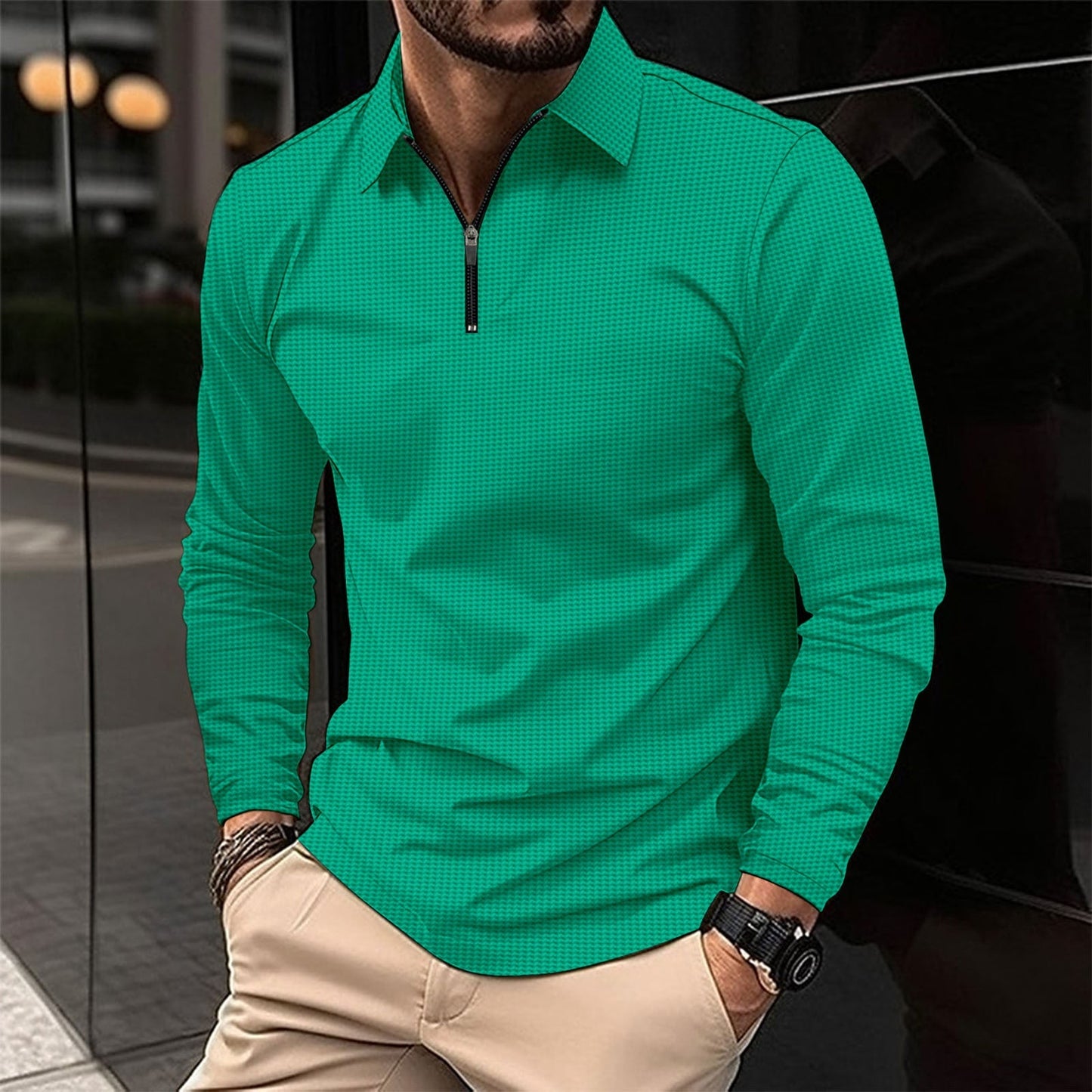 Men’s Long Sleeve Athletic Shirt – Slim Fit – Zip Collar – Stretch Fabric