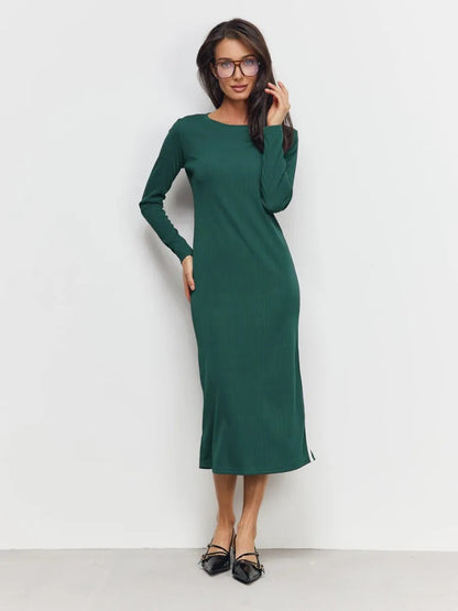 Women’s Knit Maxi Dress – Slim Fit – Long Sleeve – Ribbed – Side Slit