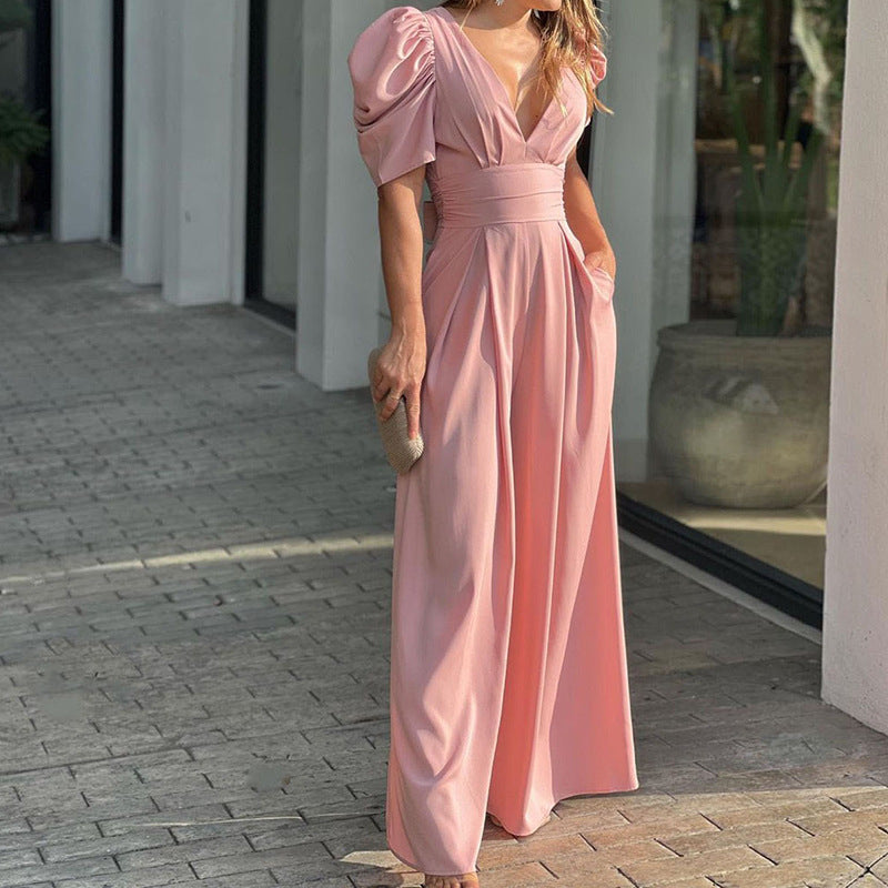 Women’s Jumpsuit – V-Neck – Puff Sleeve – Wide Leg – Cinched Waist – Full Length – Pockets