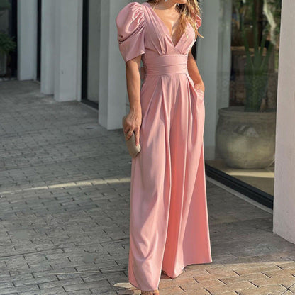 Women’s Jumpsuit – V-Neck – Puff Sleeve – Wide Leg – Cinched Waist – Full Length – Pockets