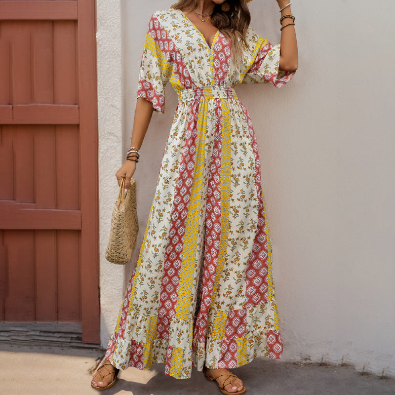 Women’s Jumpsuit – Bohemian Print – Elastic Waist – V-Neck – Wide Sleeve – Full Length