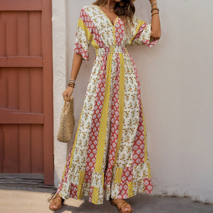 Women’s Jumpsuit – Bohemian Print – Elastic Waist – V-Neck – Wide Sleeve – Full Length