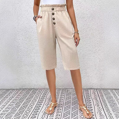 Women’s Knee-Length Shorts – Lightweight Linen – High Waist Paperbag – Relaxed Fit