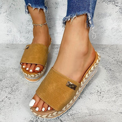 Women’s Wedge Sandals – Slip-On – Open Toe – Natural Textured Heel – Casual Style