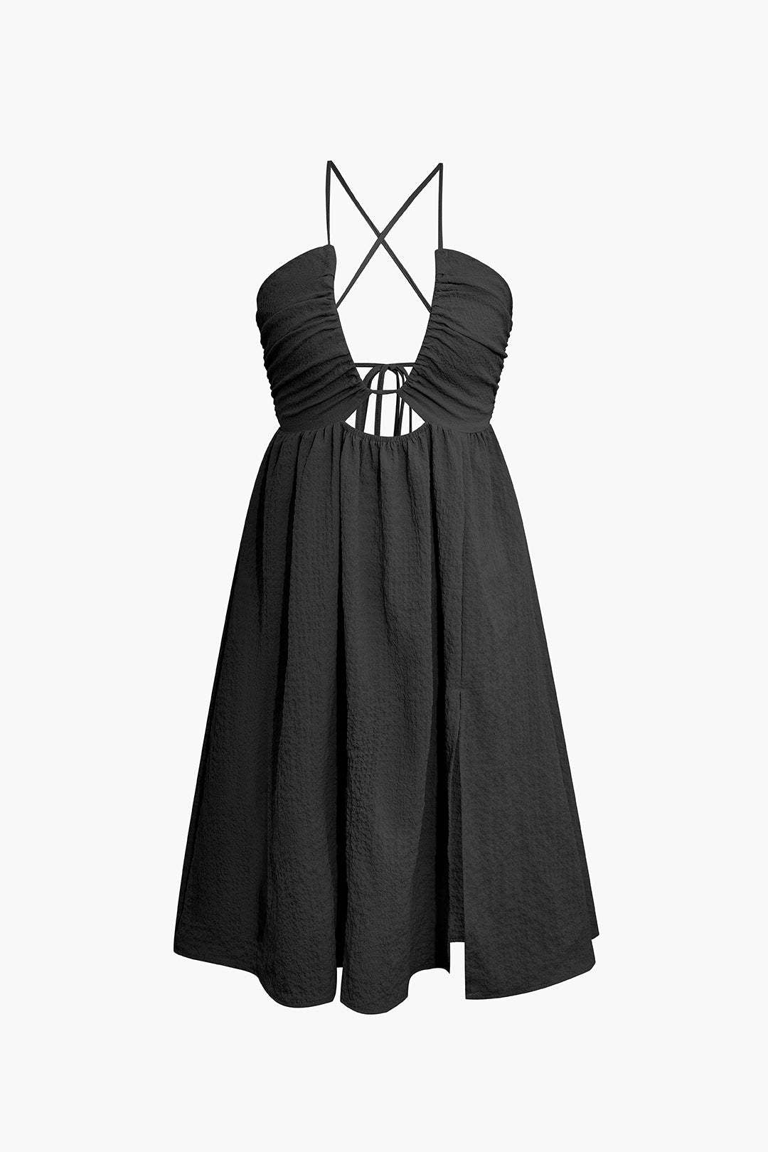 Women’s Midi Dress – Relaxed Fit – V-Neck – Spaghetti Straps – Cut-Out – High Slit