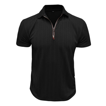 Men’s Polo Shirt – Ribbed Knit – Zipper Neck – High Collar – Standard Fit – Short Sleeve