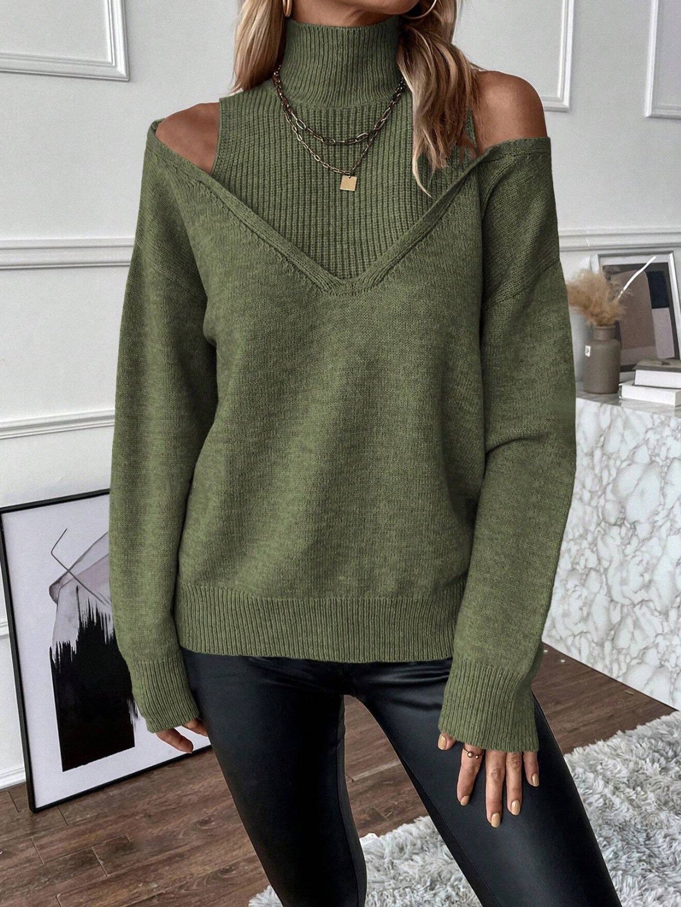 Women’s Knit Sweater – Soft Knit – Off-Shoulder V-Neck – Relaxed Fit – Layered Look