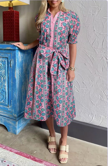 Women’s Midi Dress – Floral Print – Puff Sleeve – Belted Fit – Button Front – High Waist