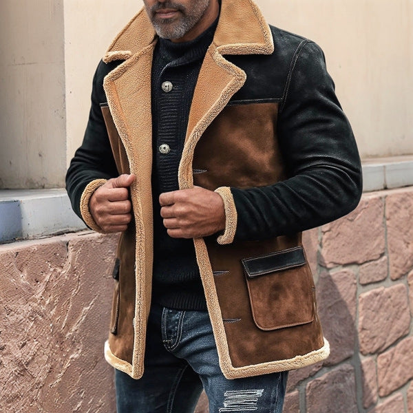 Men’s Casual Jacket – Faux Suede – Shearling Lined – Button Front – Notched Lapel