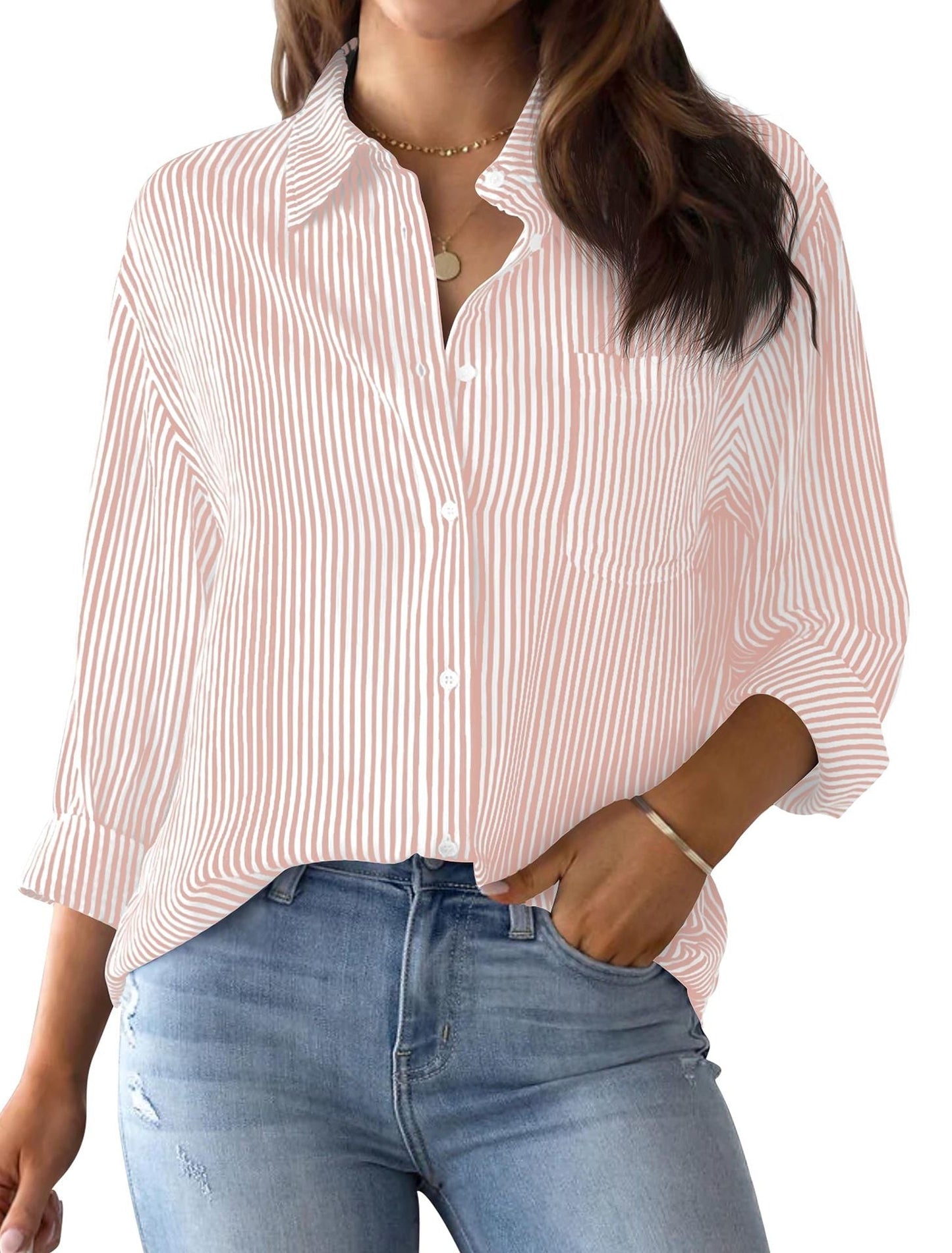 Women’s Button-Down Blouse - Cotton - Relaxed Fit - Classic Pinstripe