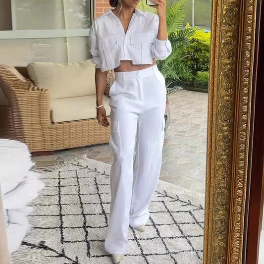 Women’s Two-Piece Set – Relaxed Fit Cotton – Cropped Top – Wide-Leg – High-Waist Pants