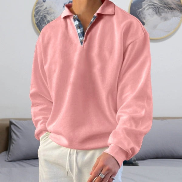 Men’s Sweatshirt – Soft Knit – V-Neck Lapel – Loose Fit – Ribbed Cuffs – Casual Wear