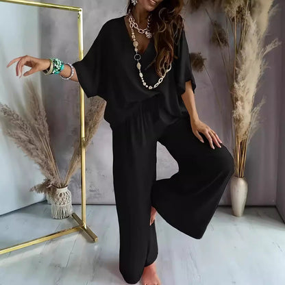 Women’s Two-Piece Set – V-Neck Top – Wide-Leg Pants – Relaxed Fit – Breathable Blend