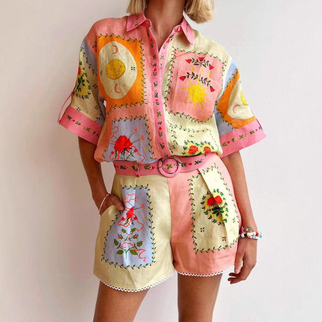 Women’s Linen Shirt and Shorts Set – Relaxed Fit – Embroidered – High-Waist Belted
