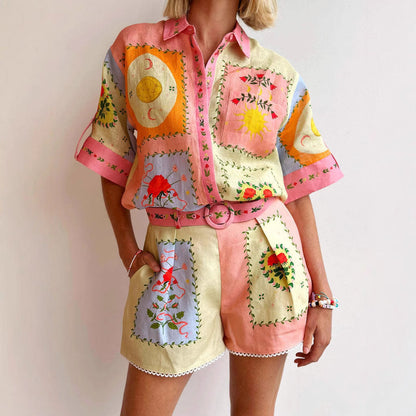 Women’s Linen Shirt and Shorts Set – Relaxed Fit – Embroidered – High-Waist Belted