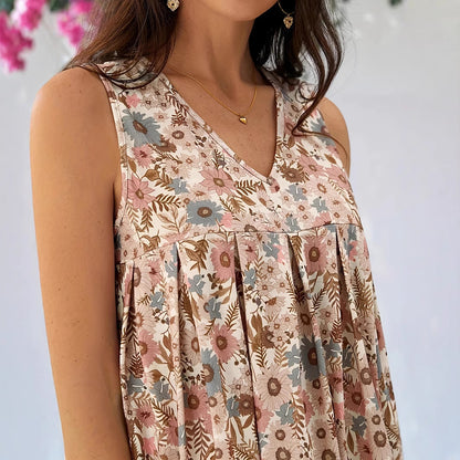 Women's Floral V-Neck Sleeveless Dress - Flowing A-Line