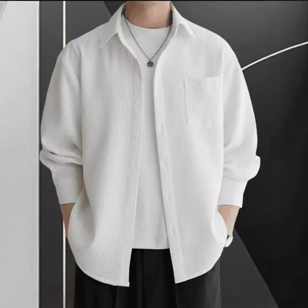 Men’s Long Sleeve Shirt – Waffle Knit – Oversized Fit – Button-Up Casual Layer