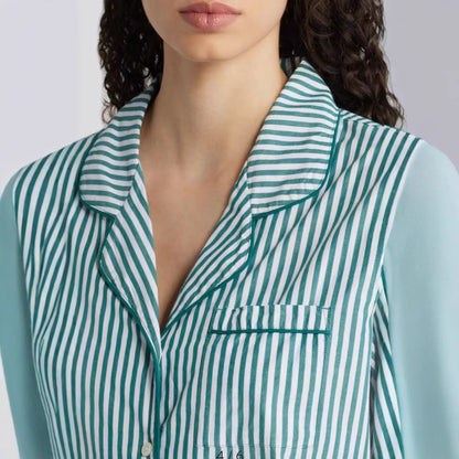 Women’s Loungewear Set – Cotton Blend – Relaxed Fit – Striped – Button Front Top – Drawstring Pants