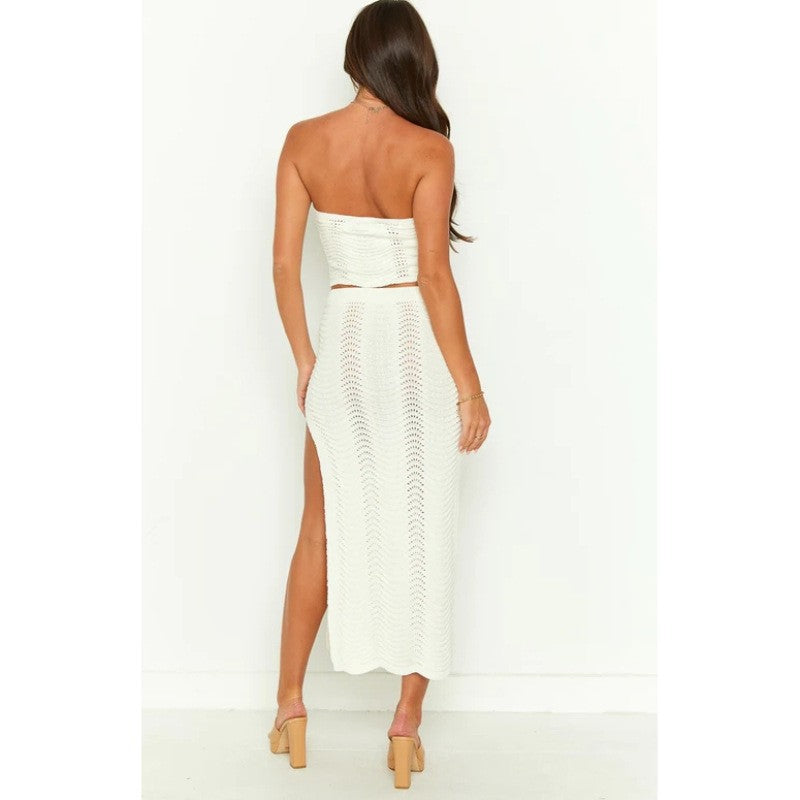 Women's Two-Piece Set – Strapless Crop Top with Cut-Out – High Slit Knit Maxi Skirt