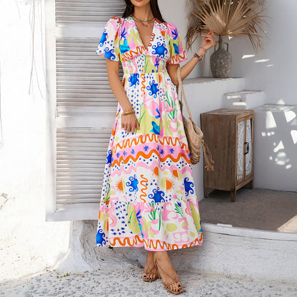 Women’s Maxi Dress – Lightweight Cotton – Relaxed Fit – V-Neck – Puff Sleeve – Ruffle Hem