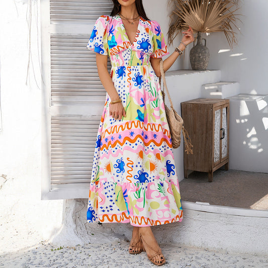 Women’s Maxi Dress – Lightweight Cotton – Relaxed Fit – V-Neck – Puff Sleeve – Ruffle Hem