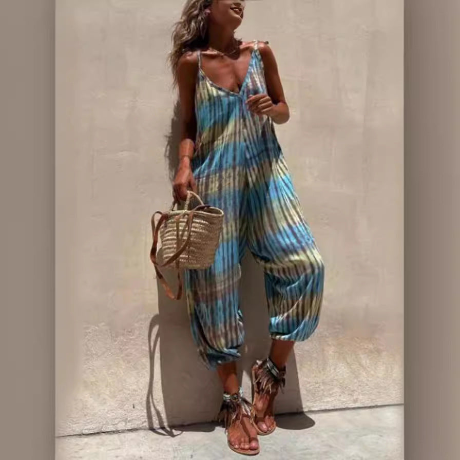 Women’s Jumpsuit – Loose Fit – Adjustable Straps – V-Neck – Striped – Tie Waist