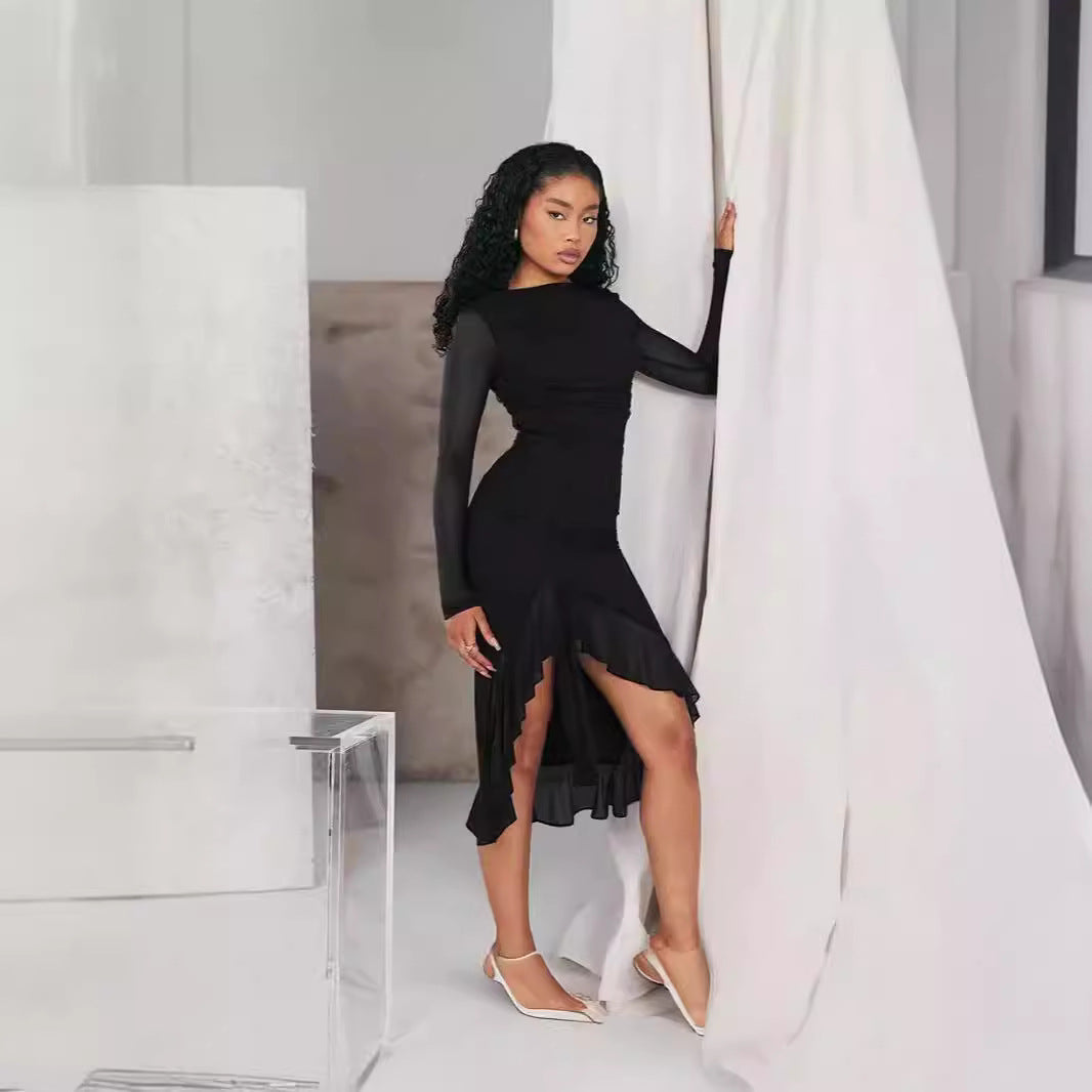 Women’s Evening Dress – Slim Fit – Sheer Sleeves – Ruched Waist – Asymmetrical Hem