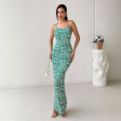 Women’s Sundress – Slim Fit – Floral Print – Spaghetti Straps – Open Back – Full Length