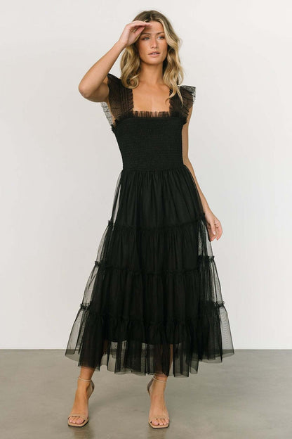 Women’s Long Dress – Smocked Bodice – Tiered Mesh Skirt – Ruffled Sleeveless Straps
