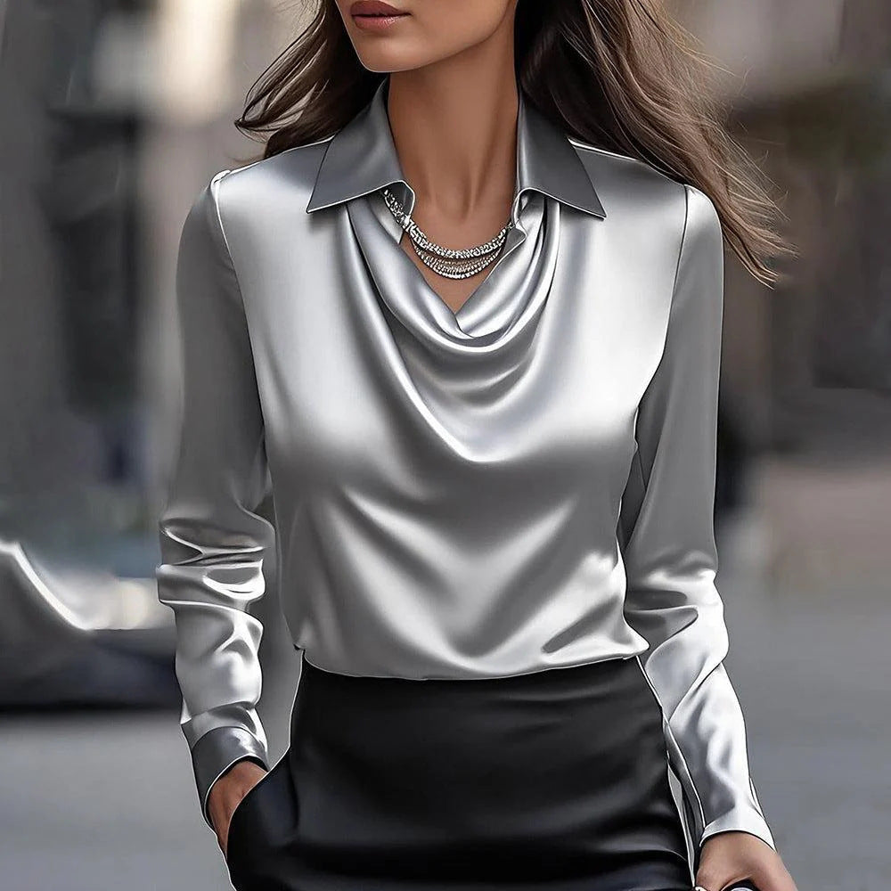 Women’s Blouse – Tailored Fit – Draped Cowl Neck – Long Sleeve Elegant Shirt