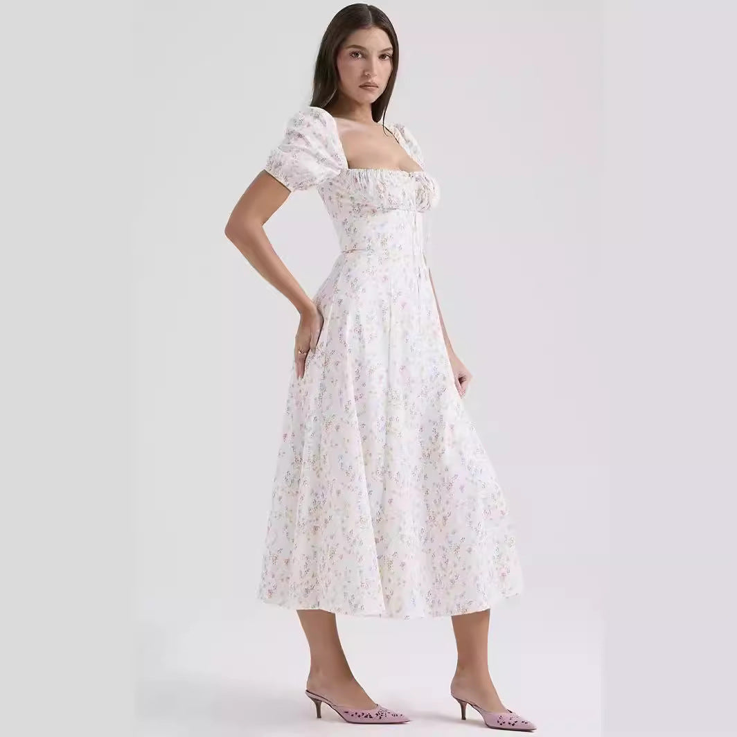 Women’s Midi Dress – Cotton A-Line – Square Neck – Puff Sleeve – Front Slit