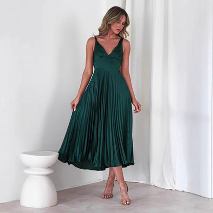 Women’s Midi Dress – Satin Finish – V-Neck – Pleated Skirt – Spaghetti Straps