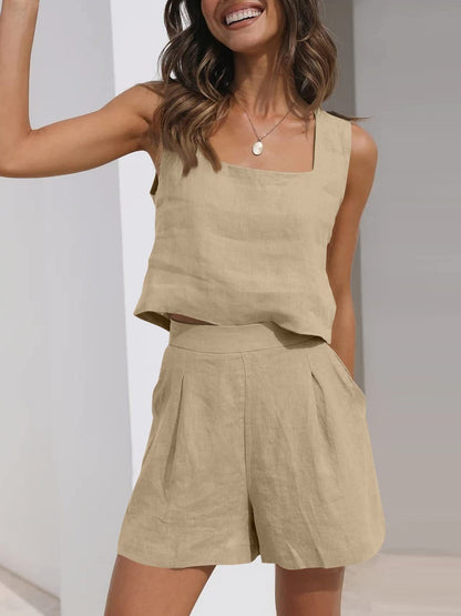Women’s Two-Piece Set – Linen Blend – Cropped Sleeveless Top – High Waist Pleated Shorts