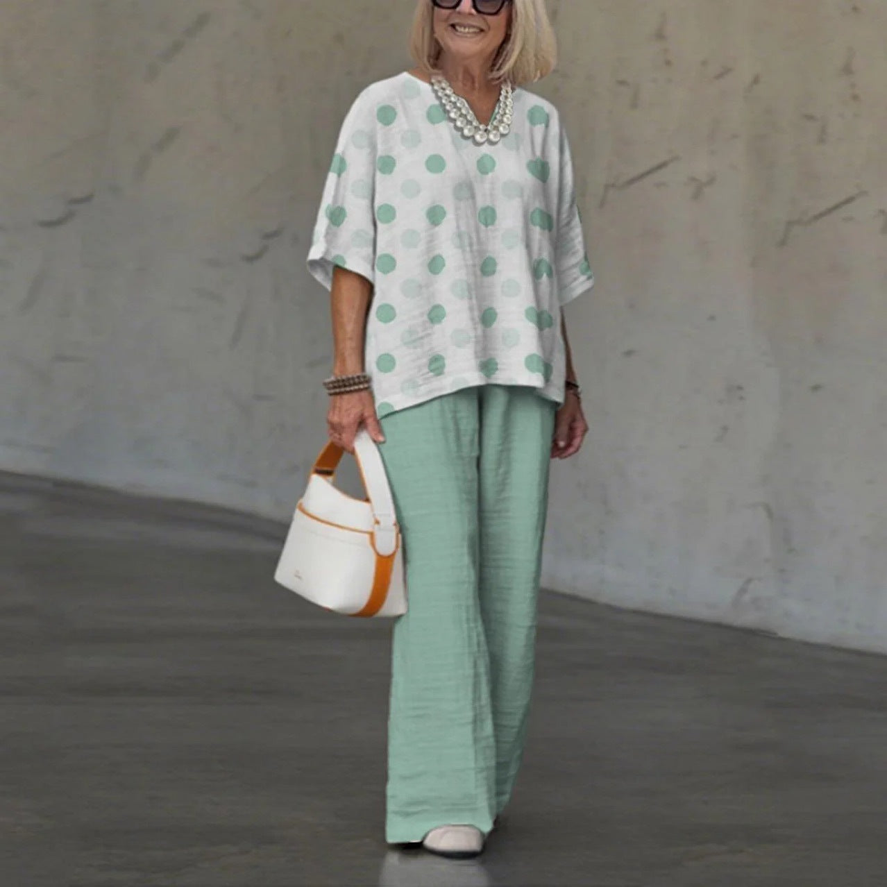 Women’s Casual Suit – Relaxed Fit Polka Dot Shirt – Wide-Leg Cotton Pants