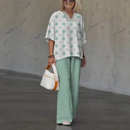 Women’s Casual Suit – Relaxed Fit Polka Dot Shirt – Wide-Leg Cotton Pants