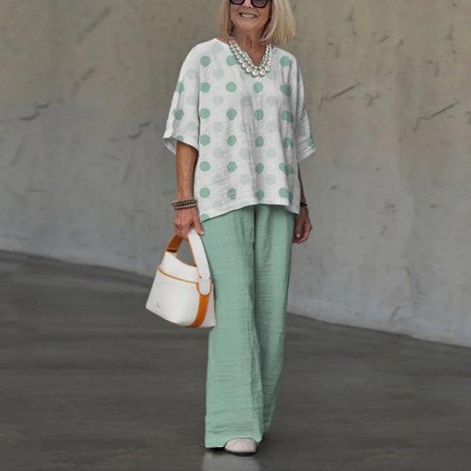 Women’s Casual Suit – Relaxed Fit Polka Dot Shirt – Wide-Leg Cotton Pants
