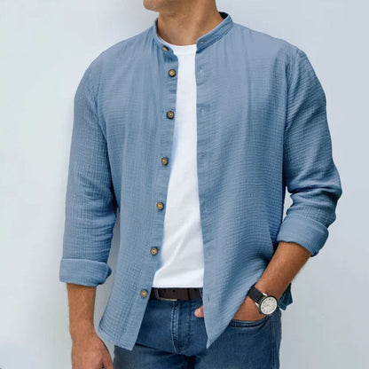 Men’s Button-Up Shirt – Regular Fit – Mandarin Collar – Textured Breathable Blend – Long Sleeve