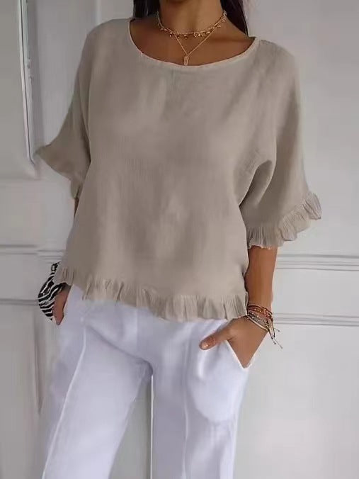 Women’s Blouse – Relaxed Fit Cotton Linen – Ruffle Hem – Short Sleeve – Round Neck