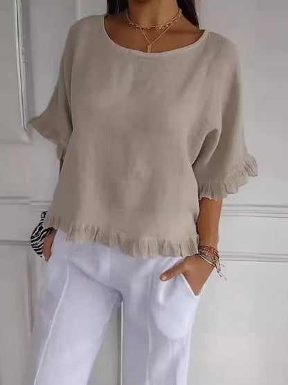 Women’s Blouse – Relaxed Fit Cotton Linen – Ruffle Hem – Short Sleeve – Round Neck