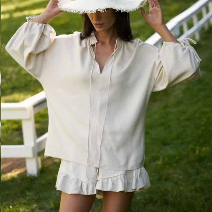 Women’s Two-Piece Set – Relaxed Fit V-Neck Top with Balloon Sleeves – Ruffle Hem Shorts