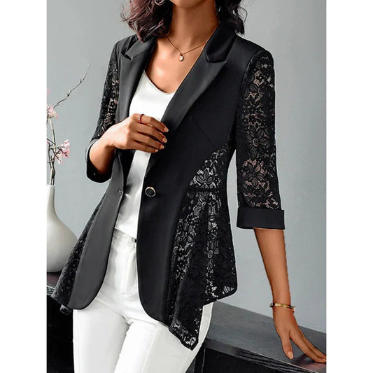 Women’s Blazer – Tailored Fit – Flared Hem – Lace Panels – Notched Lapel – Single Button