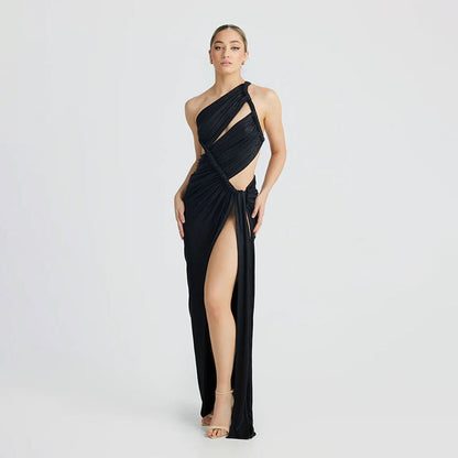 Women’s Evening Gown – Bodycon Fit – One Shoulder – Satin Look – High Slit – Cut-Out Draped