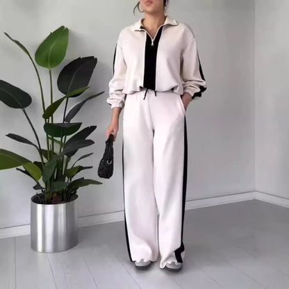 Women’s Two-Piece Set – Zip Collar Top & Wide-Leg Pants – Relaxed Fit Casual Wear